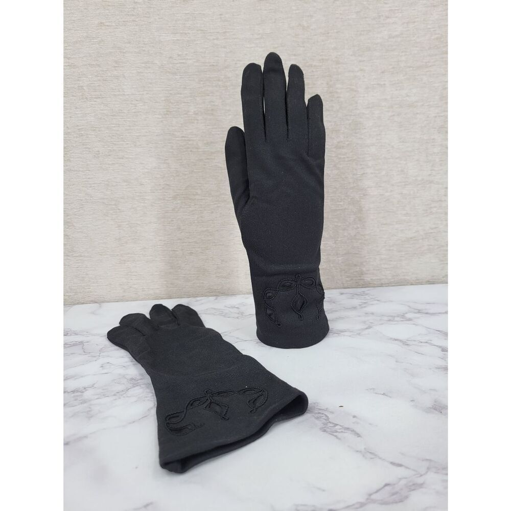 Vintage Nylon Classic Black Dress Driving Formal Gloves Satin Inset & Embroidery